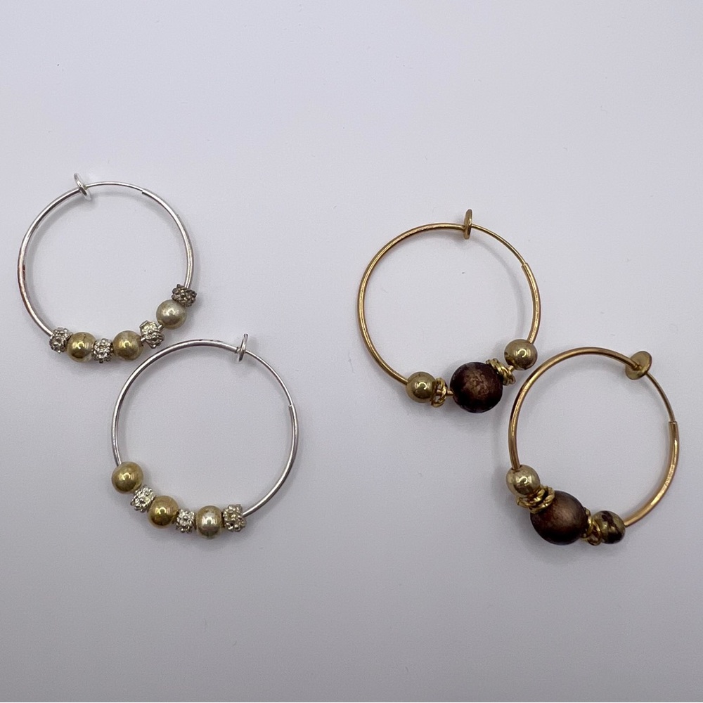 Set of 2 Elegant Silver and Gold Beaded Hoop Earrings Vintage